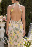 Halter Mermaid Floral Champagne Maxi Wedding Guest Dress