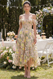 Off the Shoulder Corset A Line Floral Champagne Wedding Guest Dress