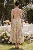 Off the Shoulder Corset A Line Floral Champagne Wedding Guest Dress