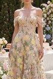Off the Shoulder Corset A Line Floral Champagne Wedding Guest Dress