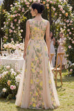 Bateau Neck Floral A Line Champagne Wedding Guest Dress
