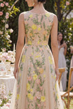 Bateau Neck Floral A Line Champagne Wedding Guest Dress