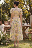 Champagne A Line Embroidered Floral Midi Wedding Guest Dress