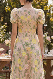 Champagne A Line Embroidered Floral Midi Wedding Guest Dress