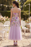 Lilac Embroidered Floral A Line Tulle Wedding Guest Dress