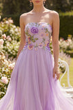 Strapless Floral Lilac Embroidered A Line Wedding Guest Dress