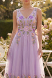 Lilac Floral A Line Embroidered V Neck Wedding Guest Dress