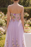 Strapless Floral Lilac A Line Embroidered Maxi Wedding Guest Dress