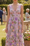 Floral Lilac A Line Pleated Midi Wedding Guest Dress