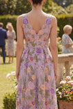 Floral Lilac A Line Pleated Midi Wedding Guest Dress