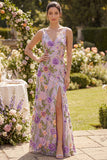 Floral Lilac Mermaid Embroidered V Neck Wedding Guest Dress
