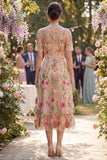 Floral Blush A Line Embroidered Midi Wedding Guest Dress