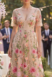 Floral Blush A Line Embroidered Midi Wedding Guest Dress