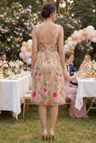 A Line Blush Floral V Neck Ruched Midi Wedding Guest Dress