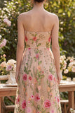 Strapless A Line Blush Floral Midi Wedding Guest Dress
