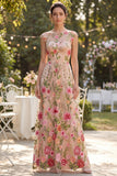 Cap Sleeve Blush Floral Embroidered Maxi Wedding Guest Dress