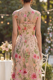 Cap Sleeve Blush Floral Embroidered Maxi Wedding Guest Dress