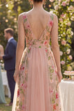 High Low Blush Floral Embroidered A Line Wedding Guest Dress