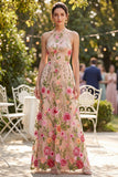 Floral Halter Blush Embroidered Maxi Wedding Guest Dress
