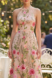 Floral Halter Blush Embroidered Maxi Wedding Guest Dress