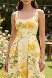 A Line Printed Yellow Midi Wedding Guest Dress