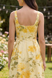 A Line Printed Yellow Midi Wedding Guest Dress