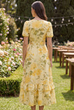 Yellow Printed A Line Bowed Wedding Guest Dress with Ruffles