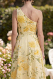 One Shoulder Yellow Printed Ruched A Line Wedding Guest Dress