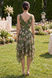 Dark Green A Line Printed Ruffled Wedding Guest Dress