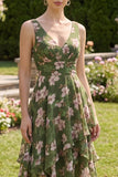Dark Green A Line Printed Ruffled Wedding Guest Dress