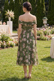Dark Green Off the Shoulder A Line Printed Wedding Guest Dress