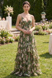 Dark Green A Line Printed Maxi Wedding Guest Dress with Ruffles