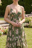Dark Green A Line Printed Maxi Wedding Guest Dress with Ruffles