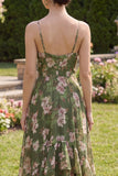 Dark Green A Line Printed Maxi Wedding Guest Dress with Ruffles