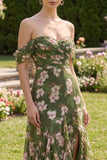 Off the Shoulder Dark Green Ruched A Line Floral Wedding Guest Dress