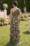Dark Green One Shoulder Ruffled Floral Maxi Wedding Guest Dress