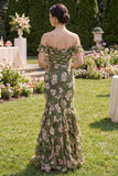 Mermaid Dark Green Off the Shoulder Ruffled Floral Wedding Guest Dress