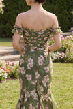 Mermaid Dark Green Off the Shoulder Ruffled Floral Wedding Guest Dress
