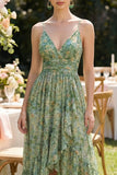High Low Pleated Dusty Green Printed A Line Wedding Guest Dress