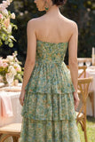 Tiered Strapless Pleated Dusty Green Printed Wedding Guest Dress