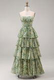 Tiered Strapless Pleated Dusty Green Printed Wedding Guest Dress