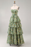 Tiered Strapless Pleated Dusty Green Printed Wedding Guest Dress