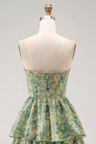 Tiered Strapless Pleated Dusty Green Printed Wedding Guest Dress