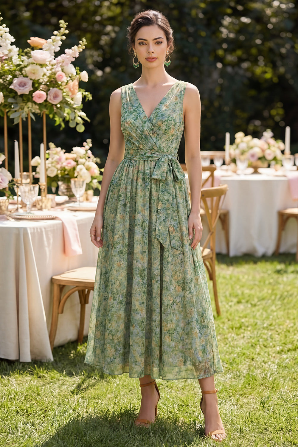 green pleated wedding guest dress EVERPRETTY Elegant Olive Green Garden Wedding Guest Dress With V-Neck Pleated Bust And Sequin Panel For Summer Outdoor Ceremonies Black Tie Dress Party