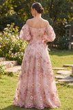 Off the Shoulder A Line Floral Pink Maxi Wedding Guest Dress