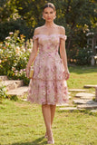 Off the Shoulder Pink A Line Floral Tiered Appliqued Wedding Guest Dress