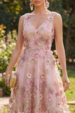Floral Pink A Line Appliqued V Neck Midi Wedding Guest Dress