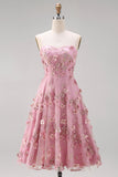 Strapless A Line Floral Pink Appliqued Wedding Guest Dress