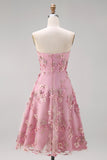 Strapless A Line Floral Pink Appliqued Wedding Guest Dress