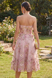 Strapless A Line Floral Pink Appliqued Wedding Guest Dress